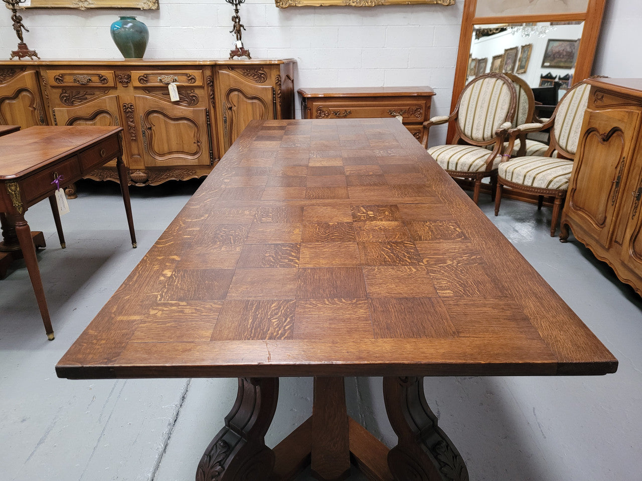 Stunning 2.55 meter French Spanish style parquetry top Oak table. Amazing one piece top and it is in good original detailed condition.