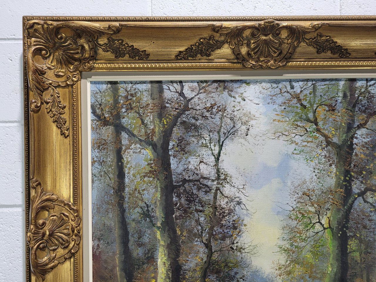 Stunning large French oil on canvas painting depicting river landscape. Signed by “Franks”. In good original gilt frame.