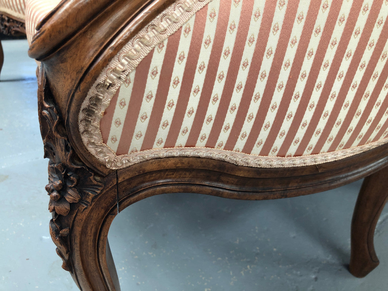 High Quality Antique Pair Of French Walnut Upholstered Arm Chairs