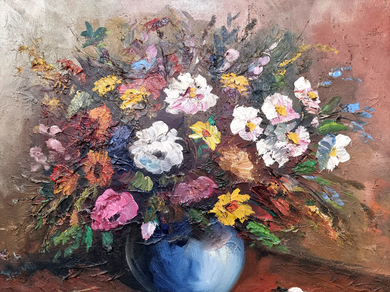 A beautiful sourced in France Floral oil on canvas in an ornate decorative frame. In good original detailed condition.
