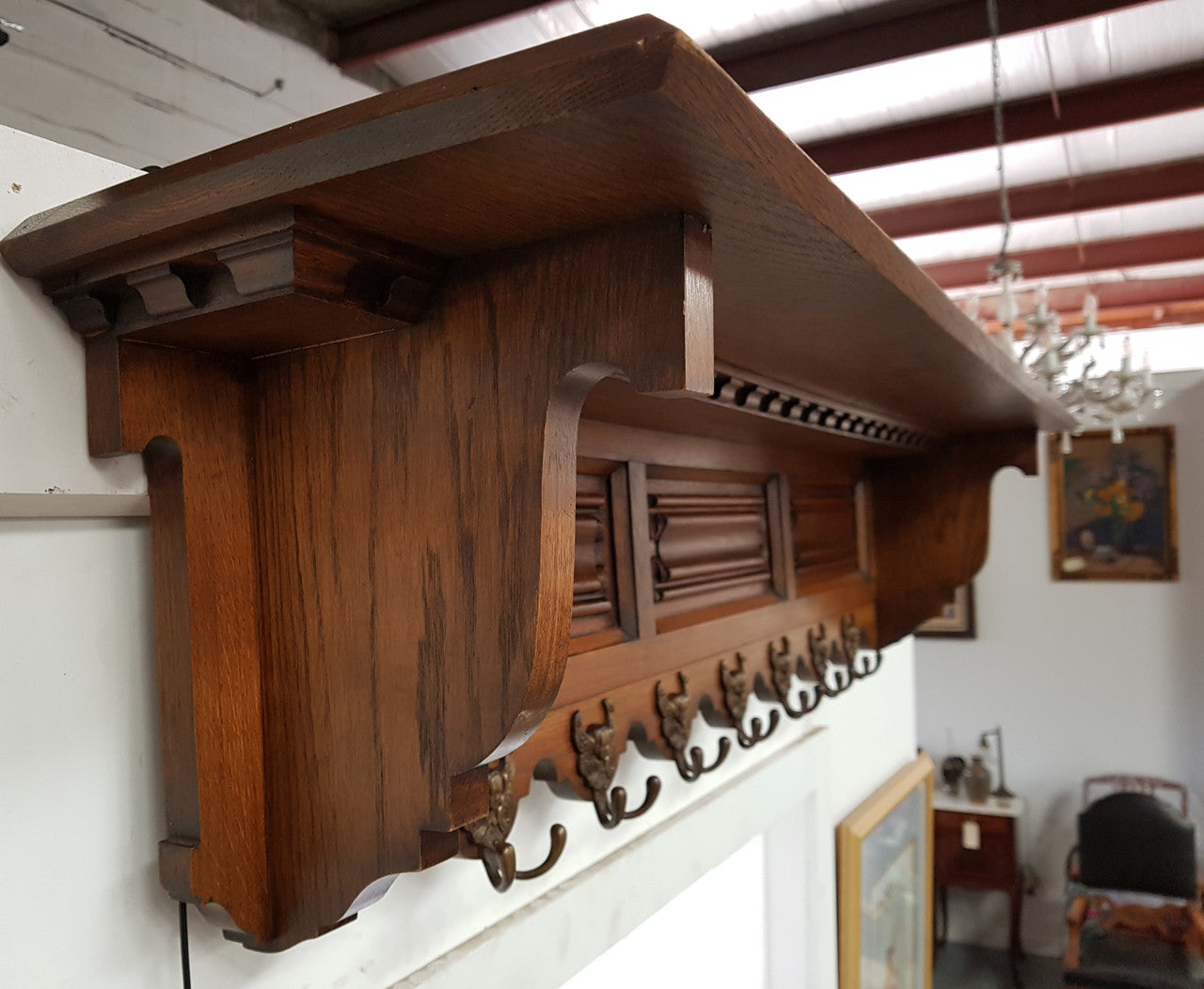 Vintage Highly Decorative French Carved Oak Coat Rack