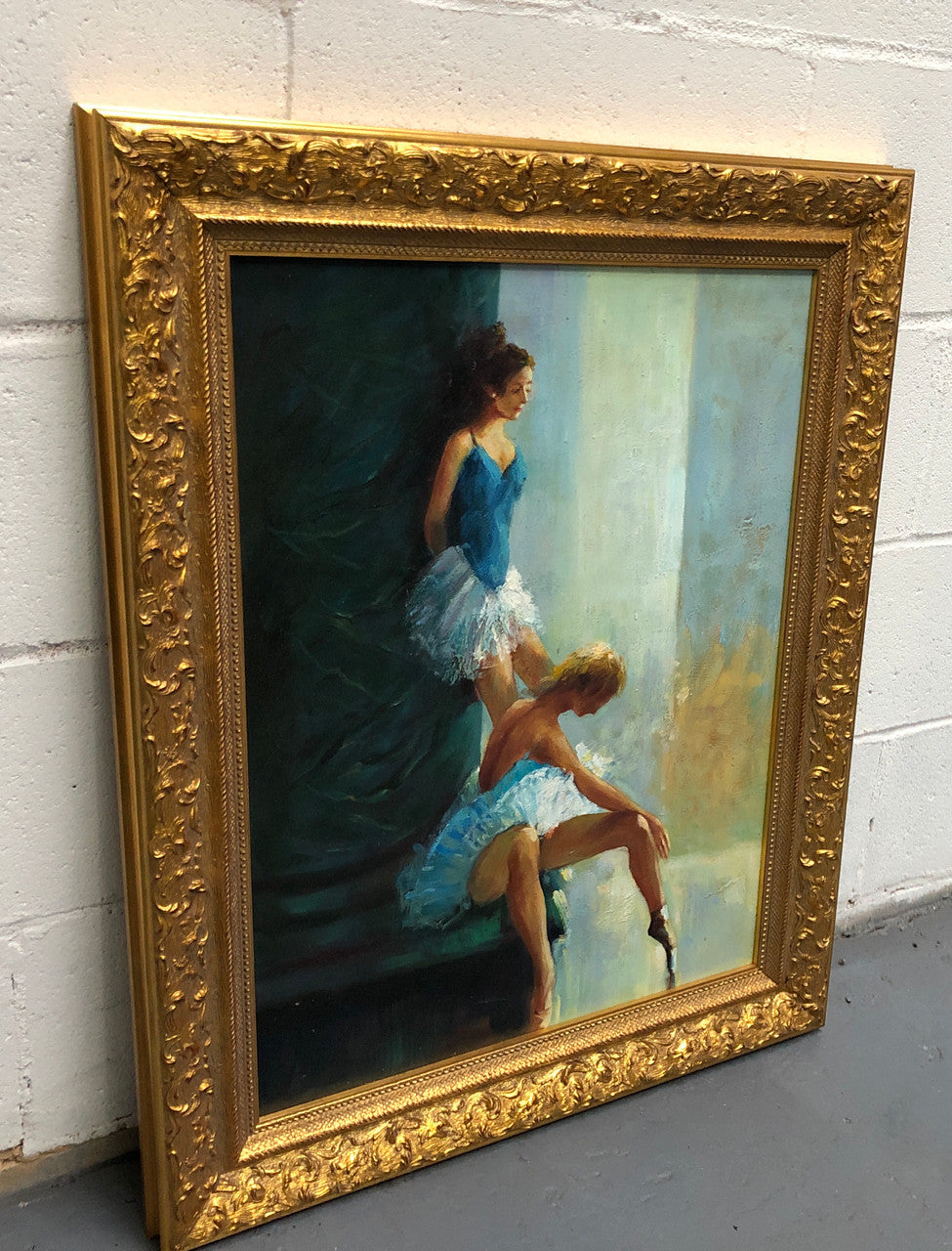 Beautifully framed canvas painting of a pair of ballet dancers. In a very ornate decorative frame. In good original condition.