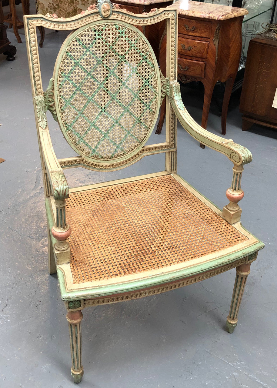 Painted French Louis XVI style cane panel arm chair. Paint is original and it is in very good original condition.