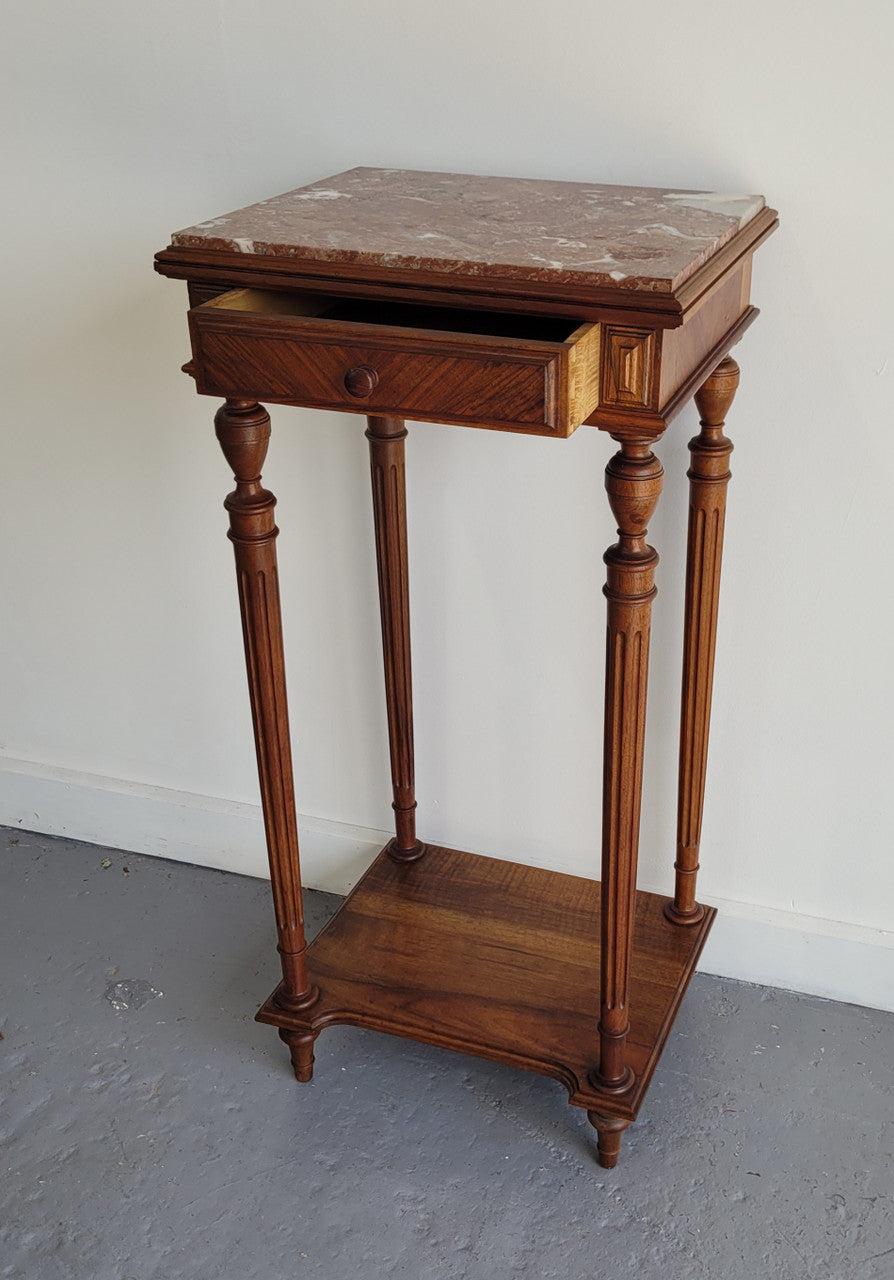 Louis XVI style Walnut lamp/side table with drawer and marble top. In good original detailed condition.