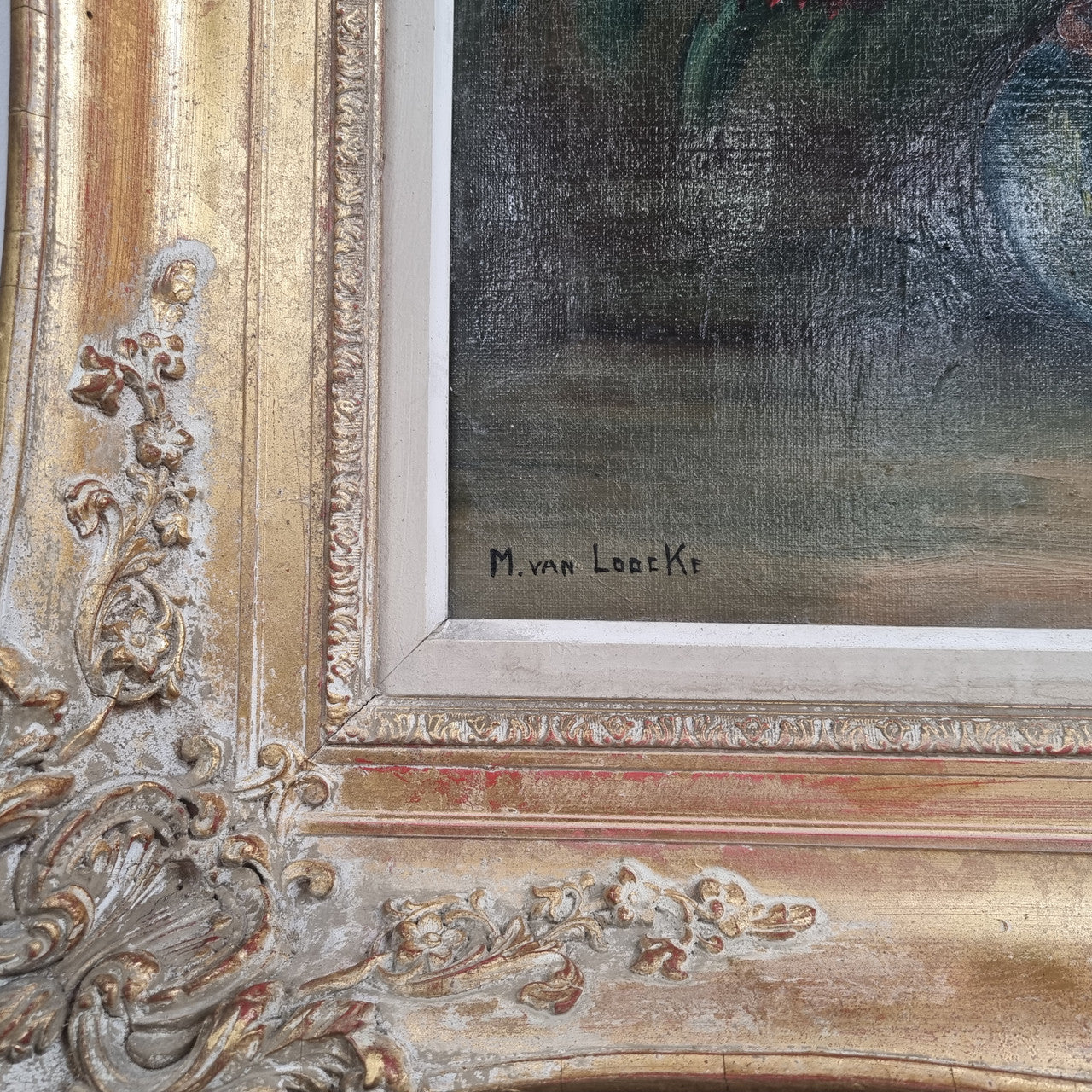 Charming oil on canvas of red Chrysanthemums painting. Sourced in France and signed in a lovely ornate gilt frame. In good original detailed condition.