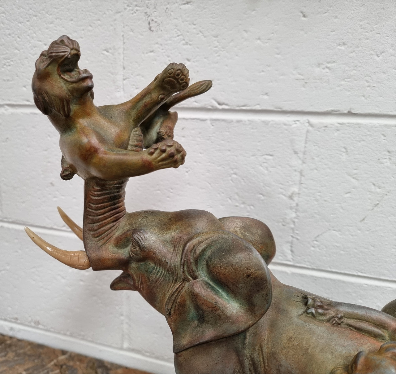 "Irenee Rochard" Art Deco Elephant and Panther statue on a beautiful marble base. Signed on the Elephants leg and sourced from France. It is in good original detailed condition.