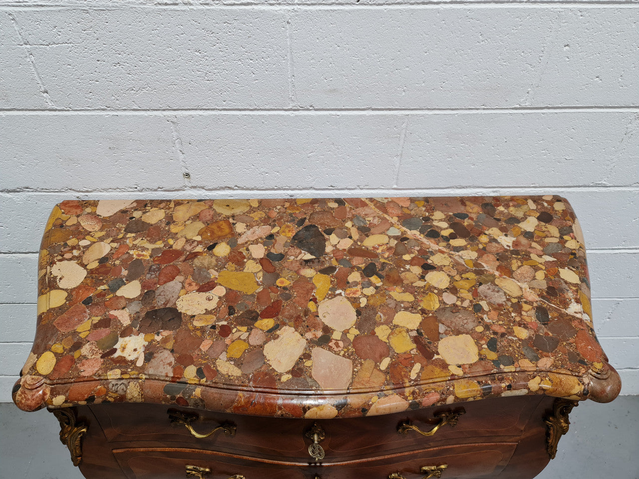 High quality French Mahogany Louis XVth style marble top commode. It has an eye catching marble top and is signed on body "J Bamelis". In very good original detailed condition.