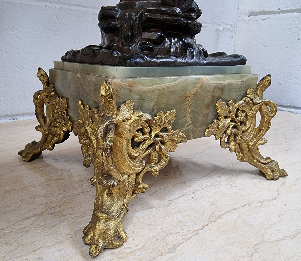 Pair of decorative Antique French gilt bronzed metal and marble table lamps. In good original detailed working condition.