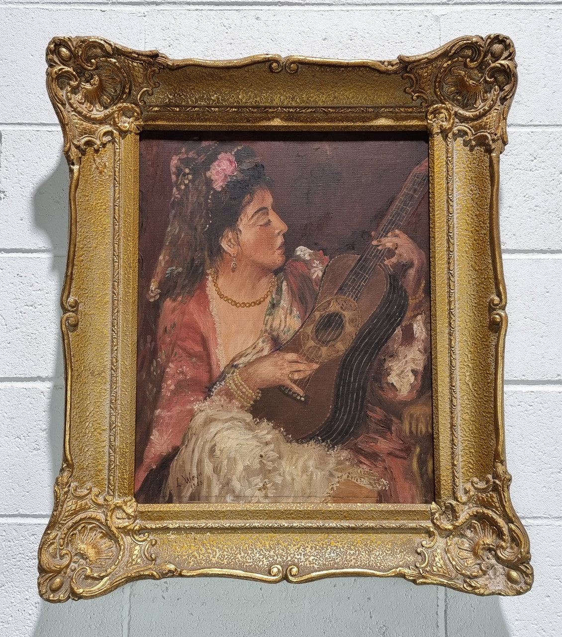 Stunning signed French oil on canvas of "The Serenade". In original gilt frame and is in good original condition.
