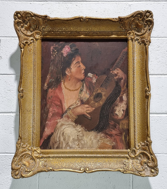 Stunning signed French oil on canvas of "The Serenade". In original gilt frame and is in good original condition.