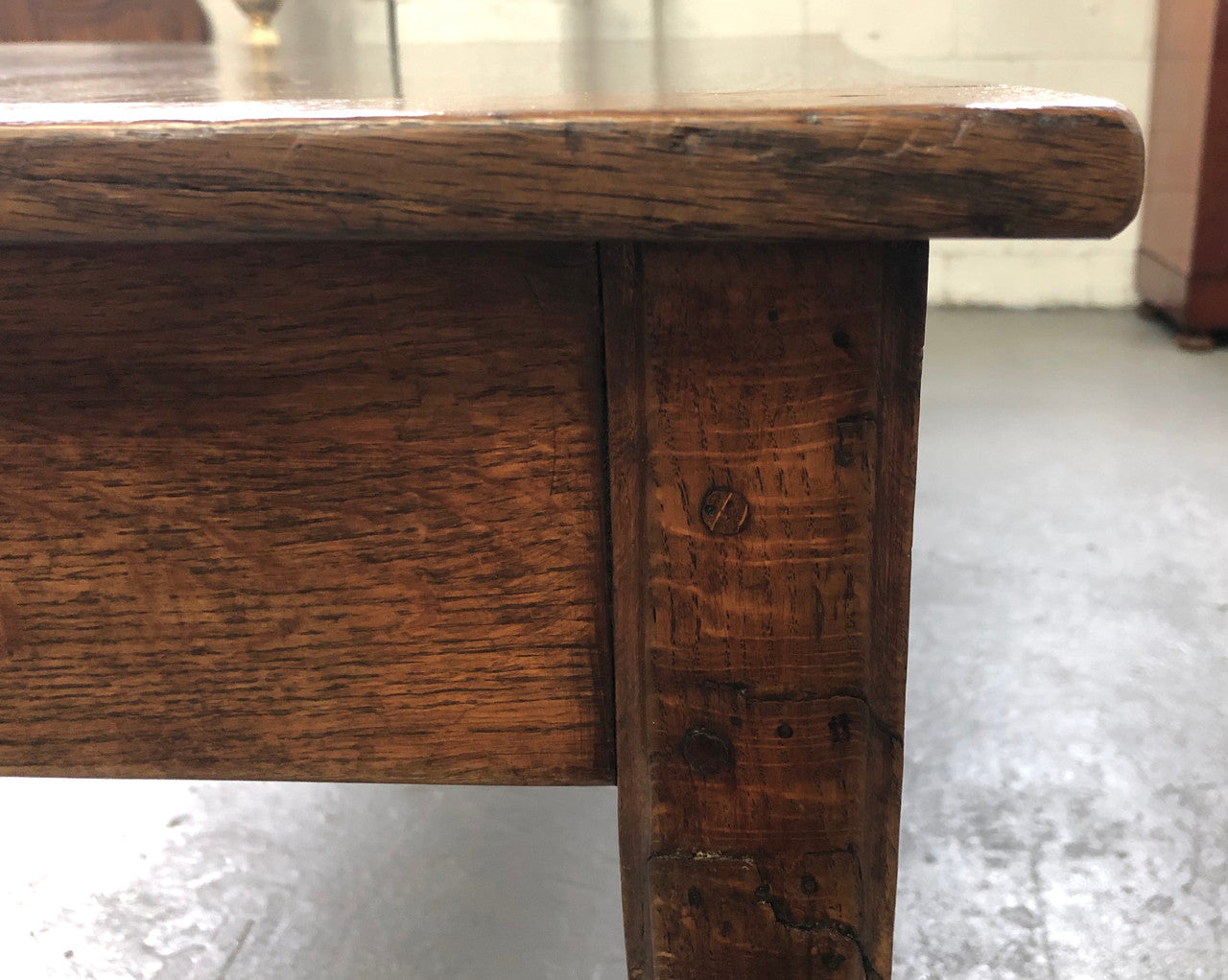 French Elm & Oak Farmhouse Table With Tapered Legs & Drawers