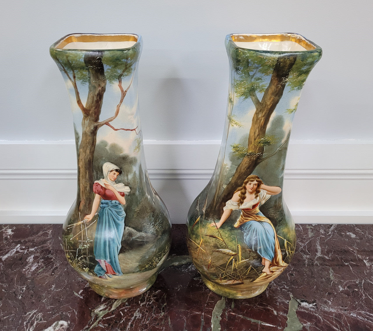 Pair of Victorian hand painted decorative vases depicting women. Please view photos as they help form part of the description.