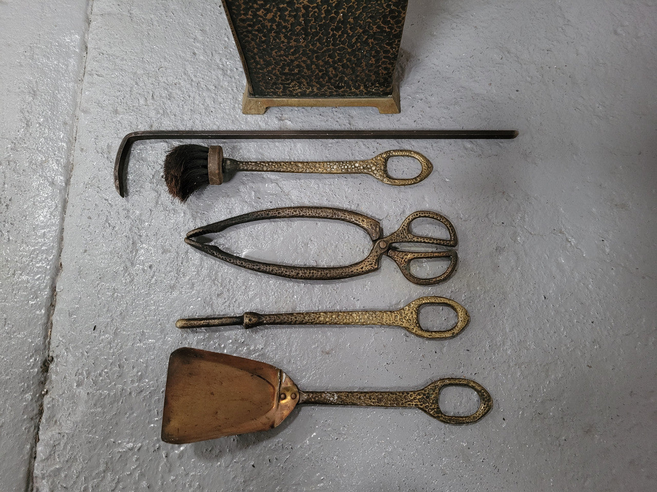 Art Nouveau five piece fire tool set in decorative box. All tools are in original good used condition, please view photos as they help form part of the description.