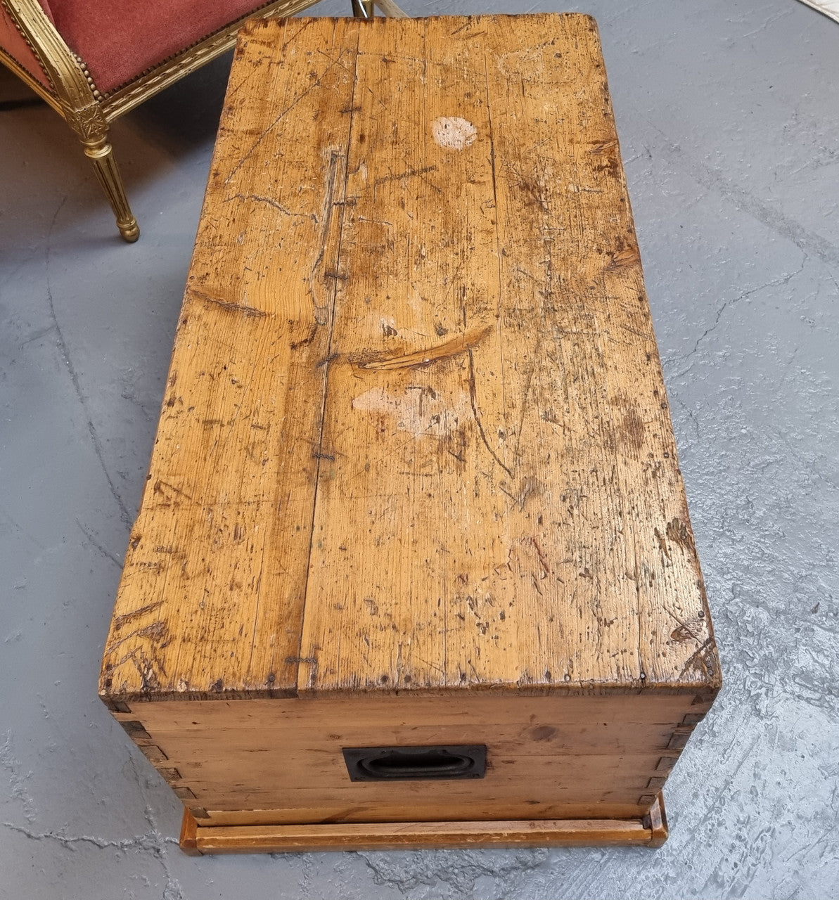 Lovely Pine chest / blanket box with loads of rustic character and iron hardware. This piece would also make a great coffee table, and is in good original condition.