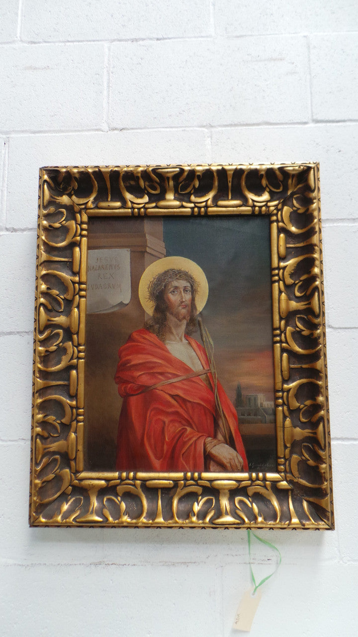 Superbly Painted Oil On Canvas Of Jesus In An Ornate Antique Gilt Decorated Frame.