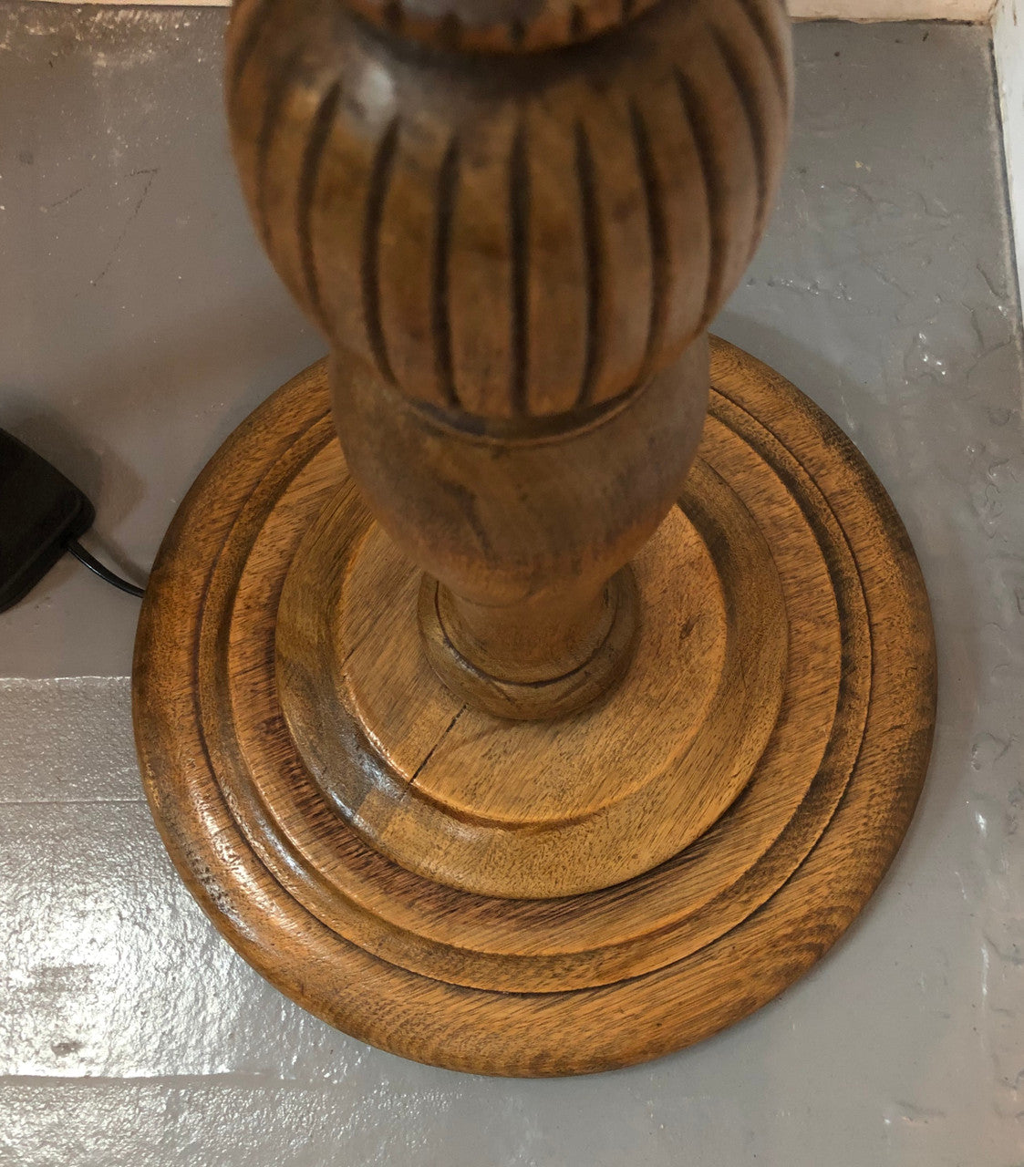 Tudor style Oak standard lamp, rewired and with foot switch. In good original condition.