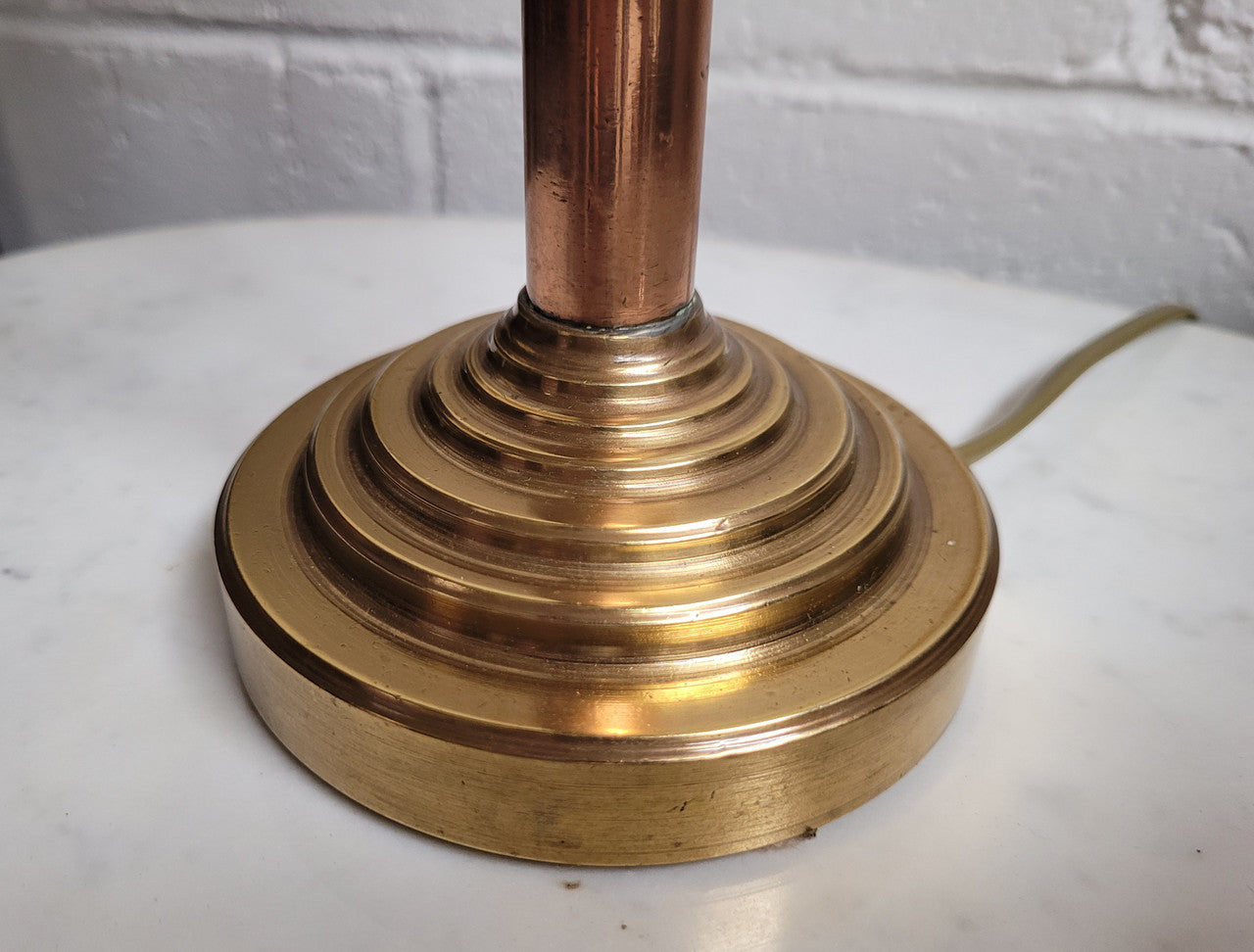 Stunning Art Deco Brass Copper Table Lamp With Beautiful Stepped Glass Shade