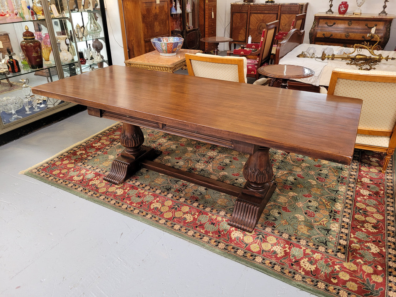 French Walnut Monastery table with two internal drawers. This table can be used as a dining table or as a large desk. It has been sourced from France and is in good original detailed condition.