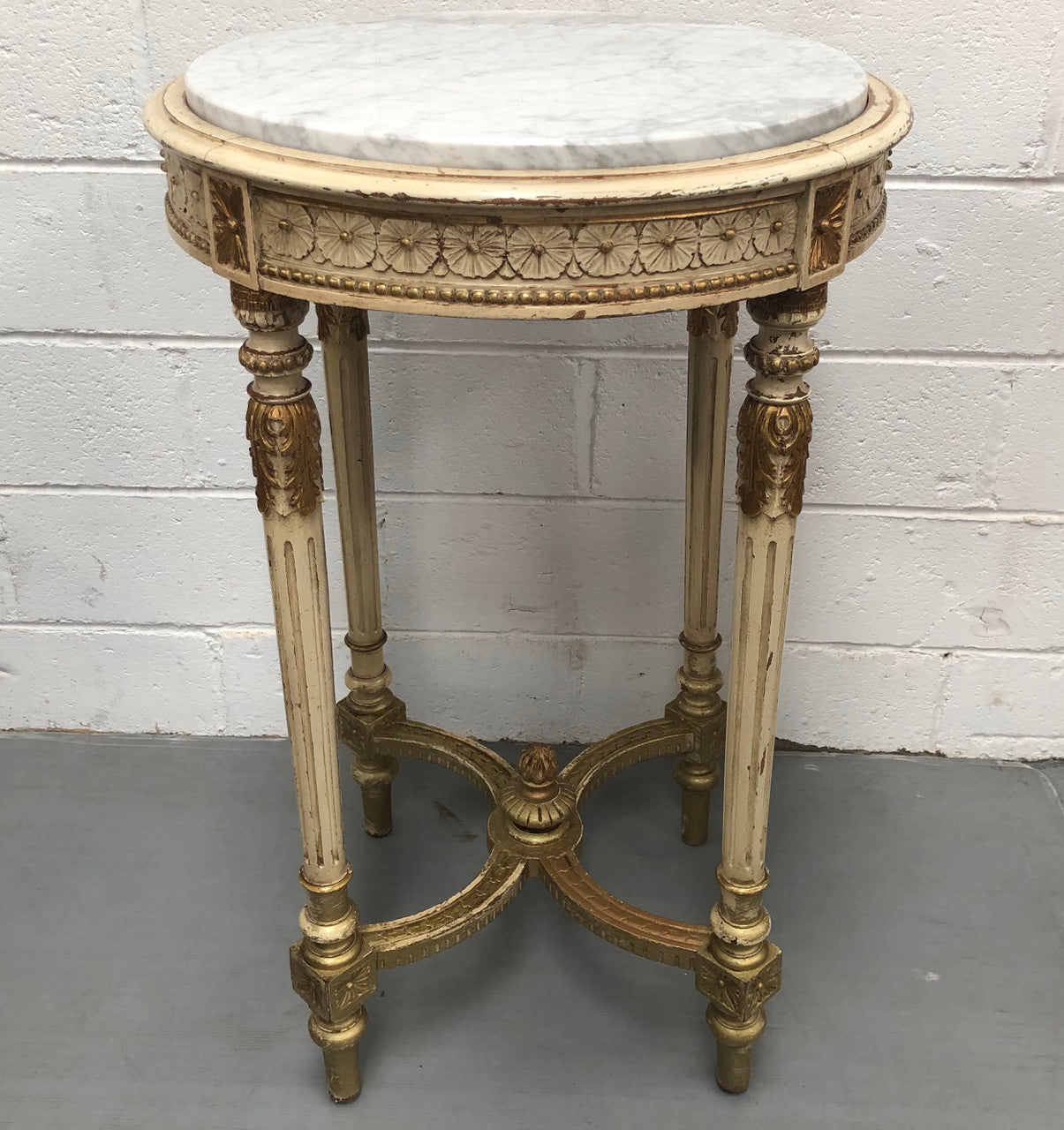 French Late 19th Century painted and gilded Walnut marble top occasional table. In good condition. CIrca 1900.