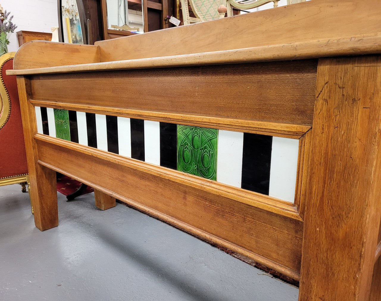 Australian Kauri pine preparation bench decorated with original tiles, could also be used as a display bench. Sourced locally and is in good detailed original condition.