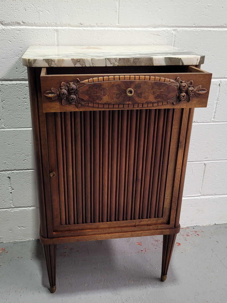 Louis XVI Style Art Deco Walnut Marble Top Side Cabinet