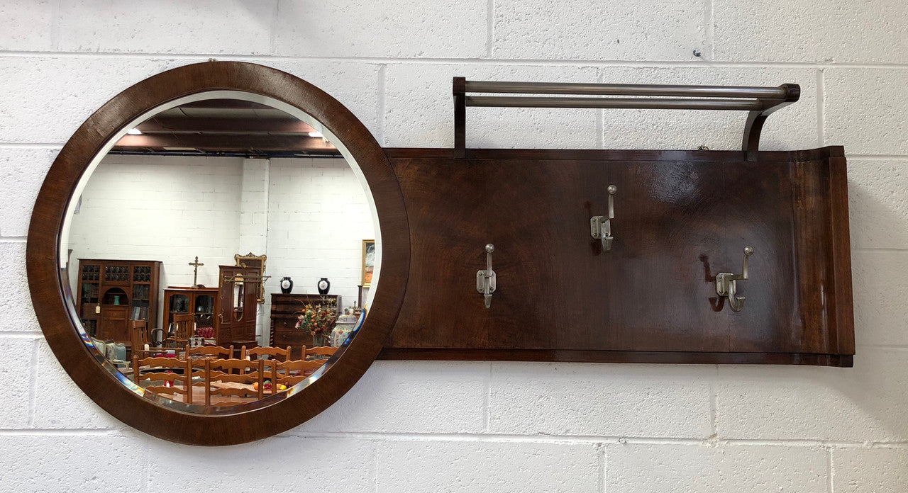 French Art Deco Walnut Coat & Hat Rack With Mirror