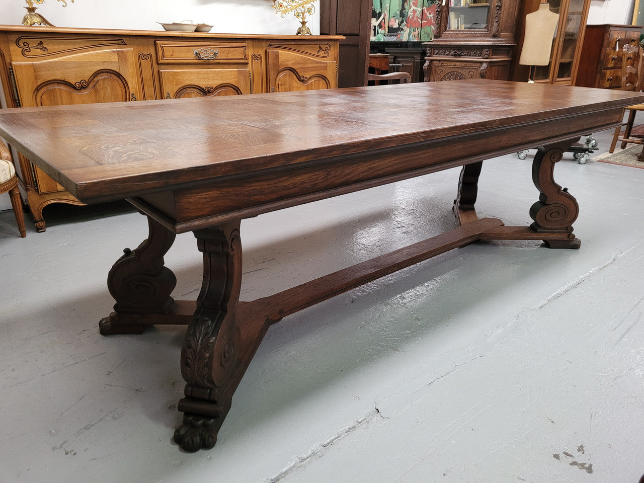 Stunning 2.55 meter French Spanish style parquetry top Oak table. Amazing one piece top and it is in good original detailed condition.