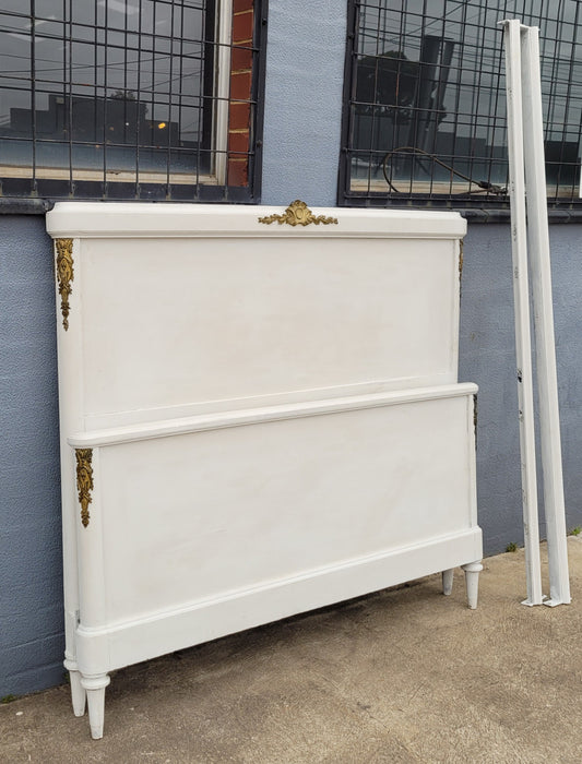 French Louis 16th style chalk painted queen size bed with gilt decorative mounts and includes custom slats. It has been sourced from France and in good original condition.