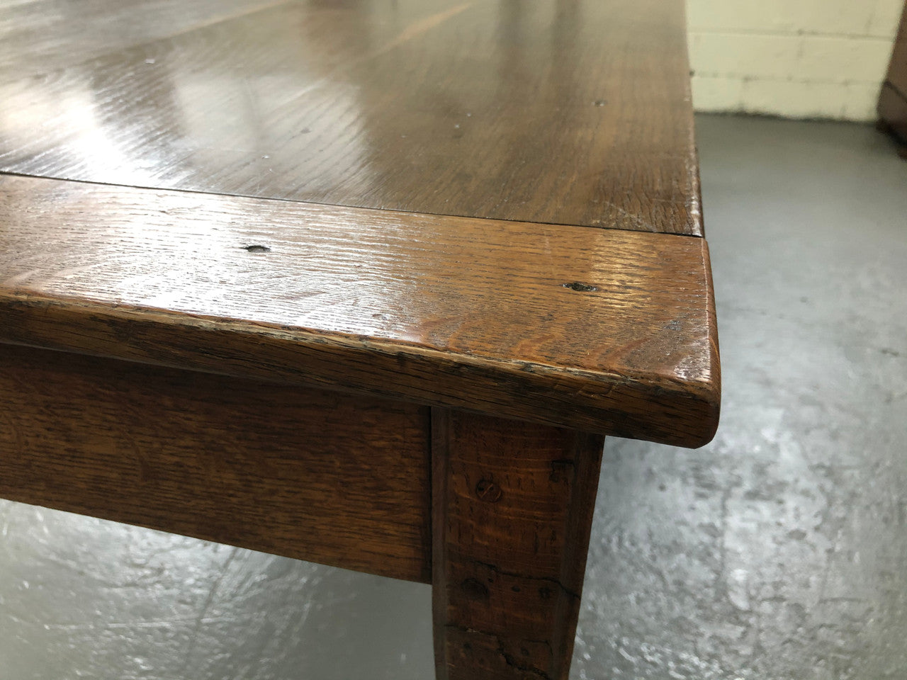 French Elm & Oak Farmhouse Table With Tapered Legs & Drawers