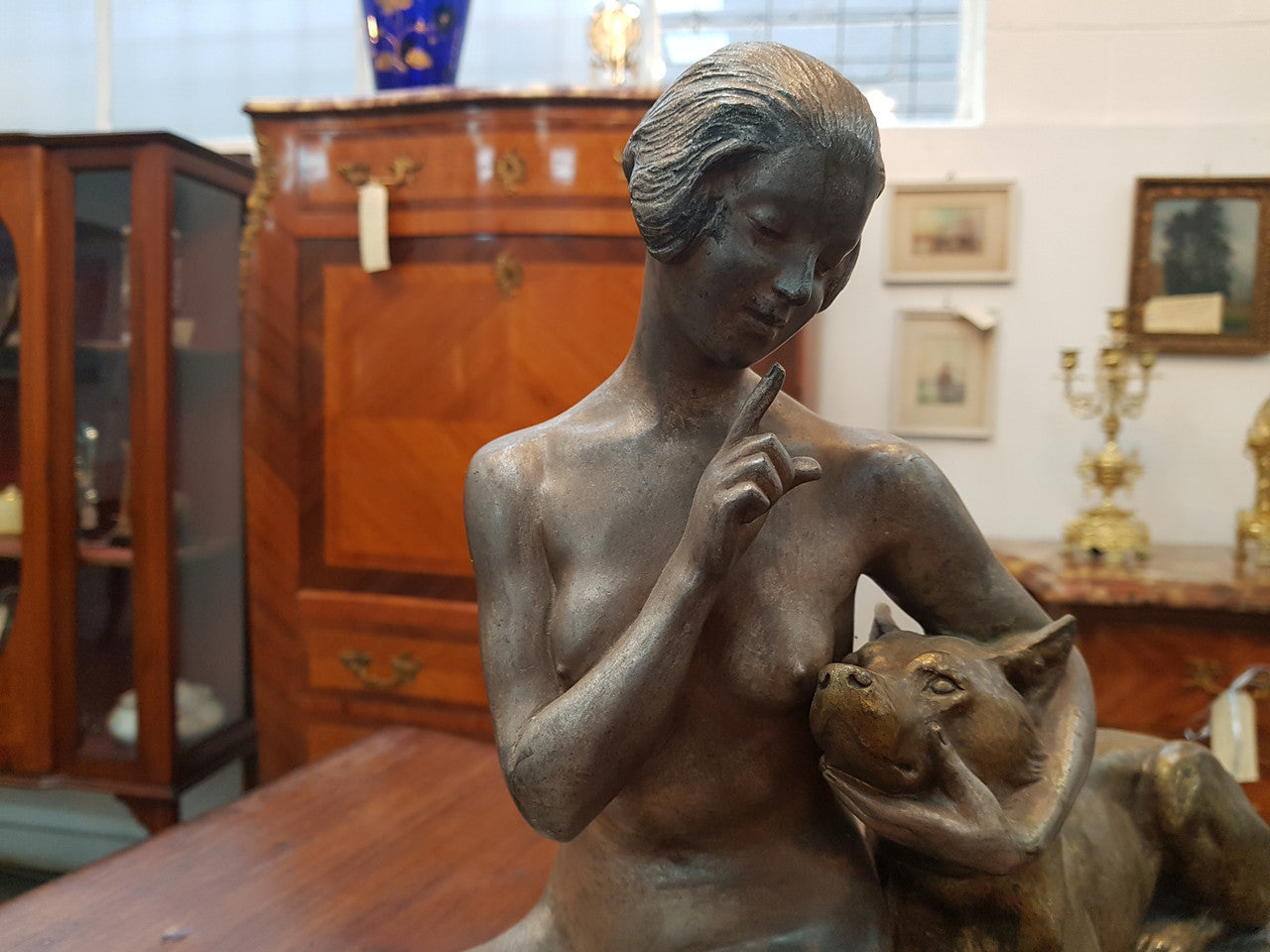 French Art Deco Lady & German Shepherd Bronze