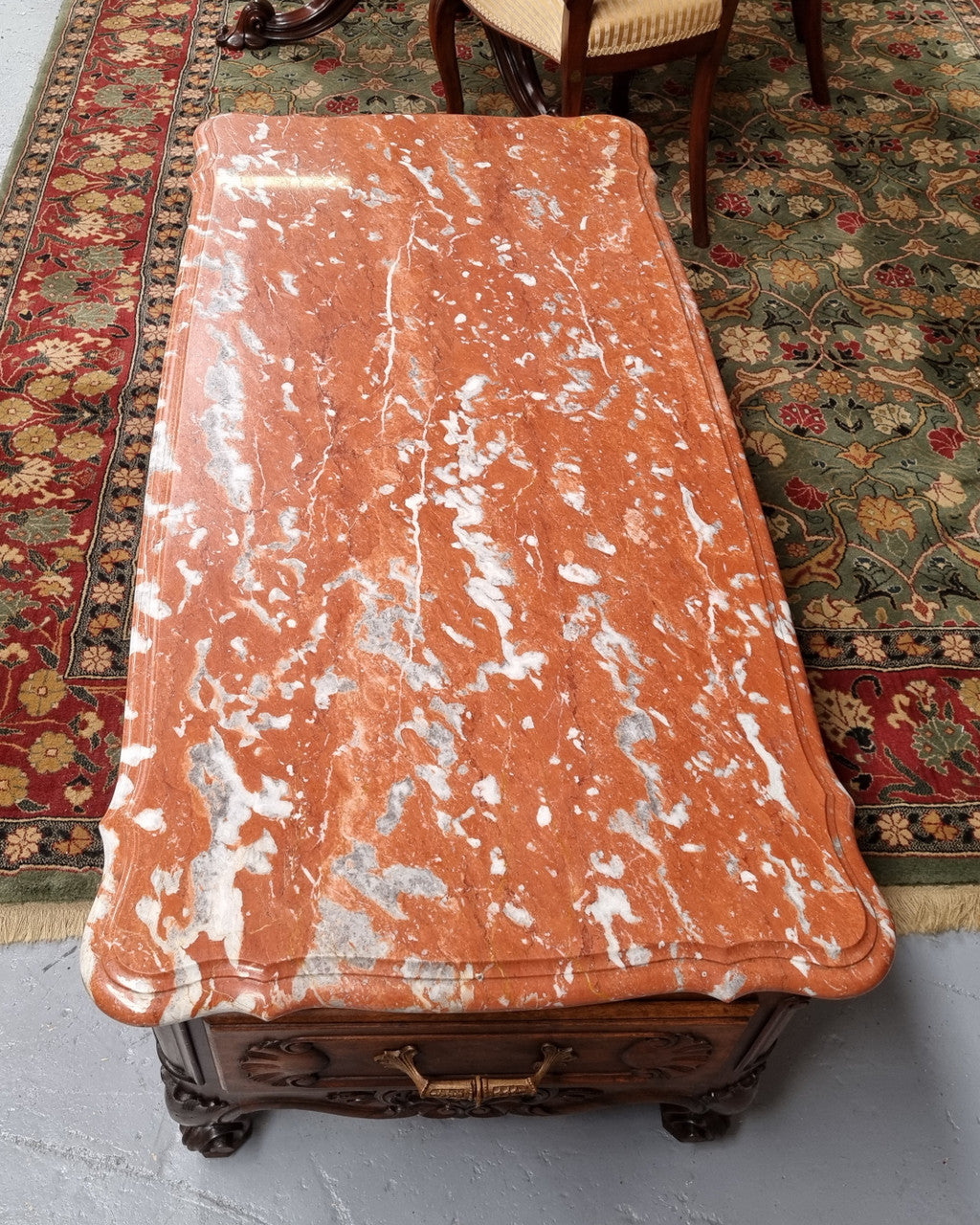 Amazing original walnut Louis XV style coffee table with a marble top, one drawer on either end and a faux drawer at the front. In good original detailed condition, sourced in France.