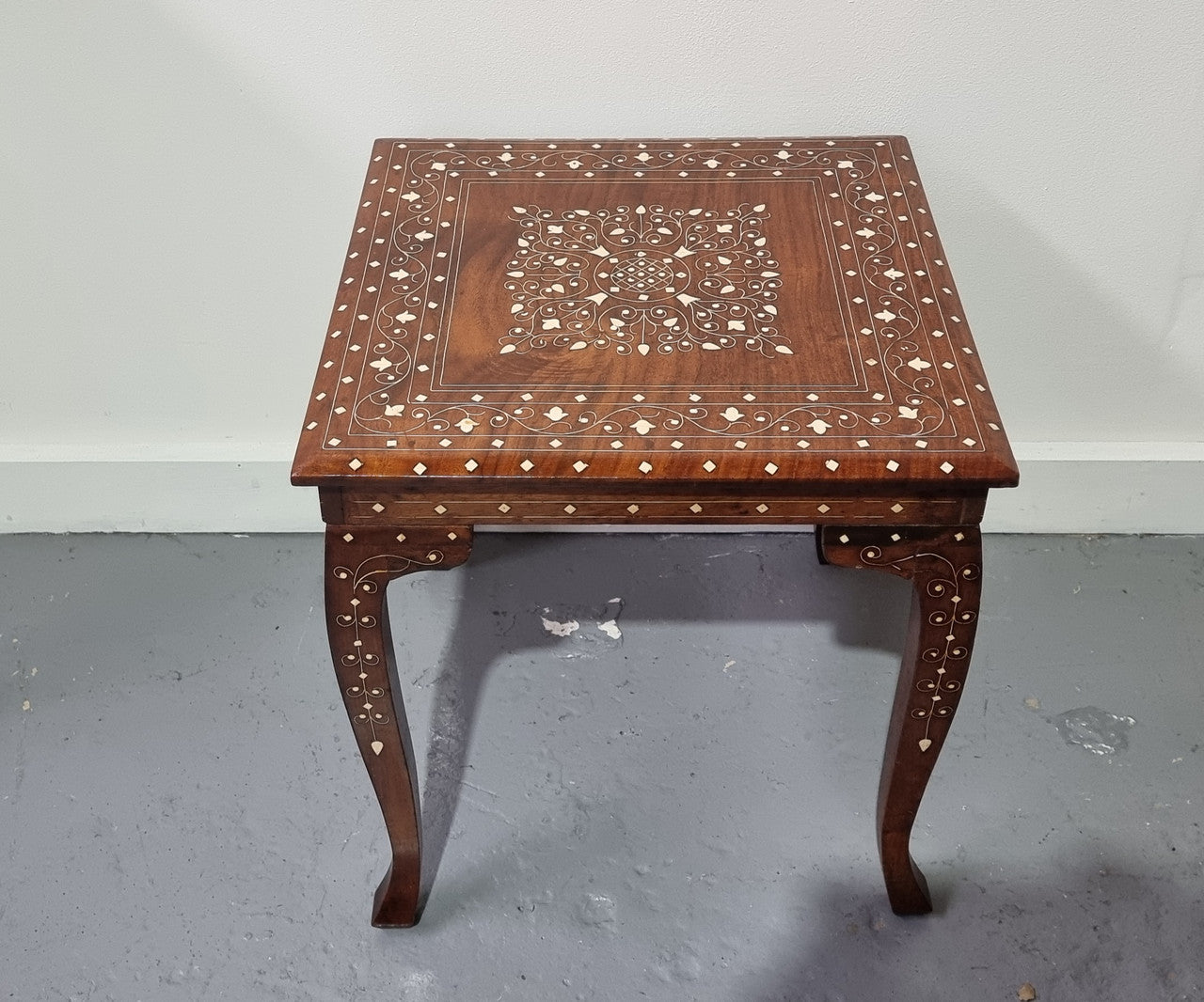 Stunning Indian Teak bone inlay square occasional table. In good original detailed condition.