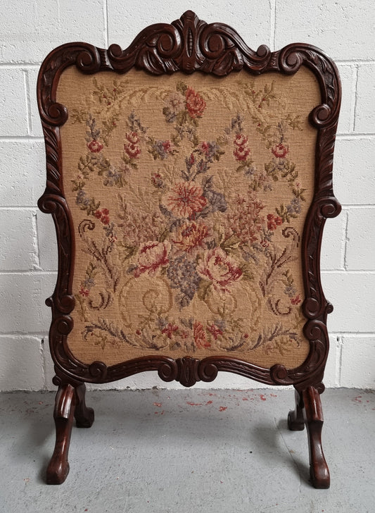 Attractive Carved Wooden Framed Fire Screen featuring Tapestry.  In good detailed condition.
