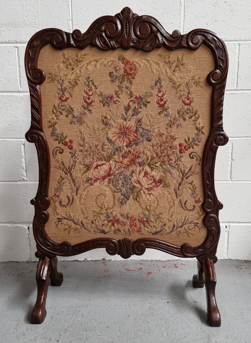 Attractive Carved Wooden Framed Fire Screen featuring Tapestry.  In good detailed condition.