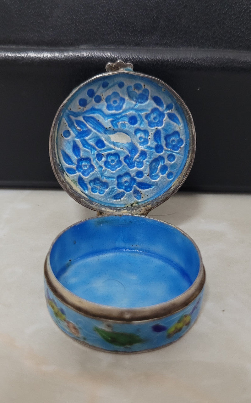 Antique Chinese silver and enamel pill box . In good original condition, please view photos as they help form part of the description.