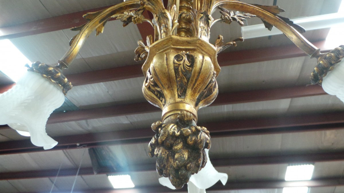 Beautiful 19th-century French gilt bronze chandelier, with five arms and frosted floral shades. Has been rewired to Australian safety standards and in good original condition.