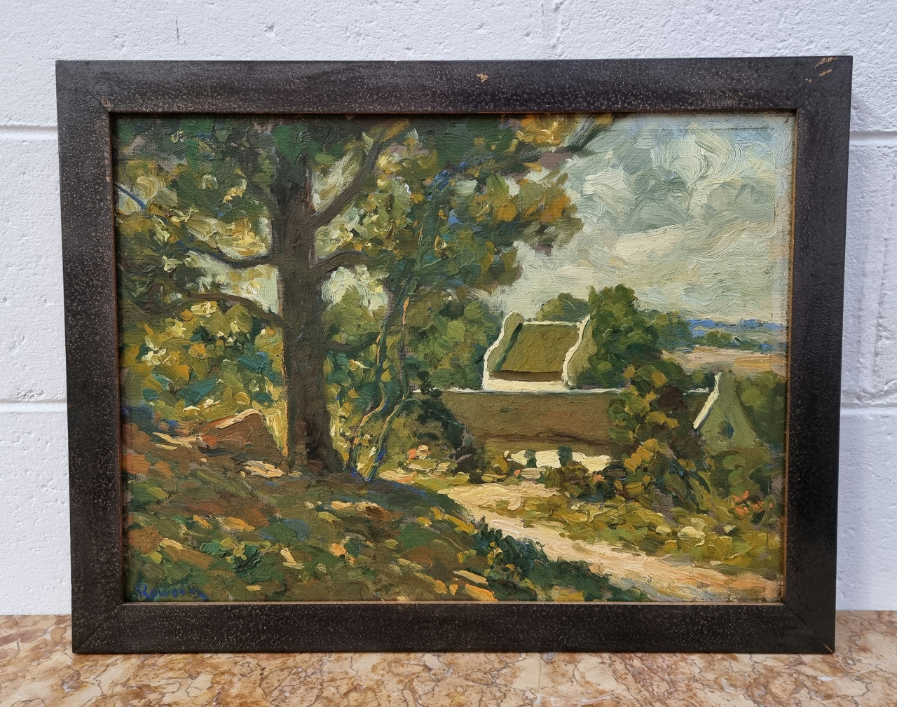 Lovely oil on board by South African artist (Edward Roworth) titled "The Homestead", and signed. In good original condition.