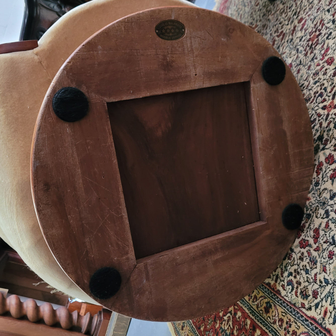 Four stunning original Art Deco Tulip shaped salon lounge chairs made specifically for the Hotel Le Malandre, Belgium in the 1930’s. They are marked with a metal tag “Hotel Le Malandre Modele Depose” Burl Walnut, Walnut and gold coloured velvet upholstery and rest on a thick wooden circular base it has been sourced in France and in good original condition. Included in the set is the accompanying Art Deco Walnut with glass top side table also made for Hotel Le Malandre and marked with the metal tag. Absol