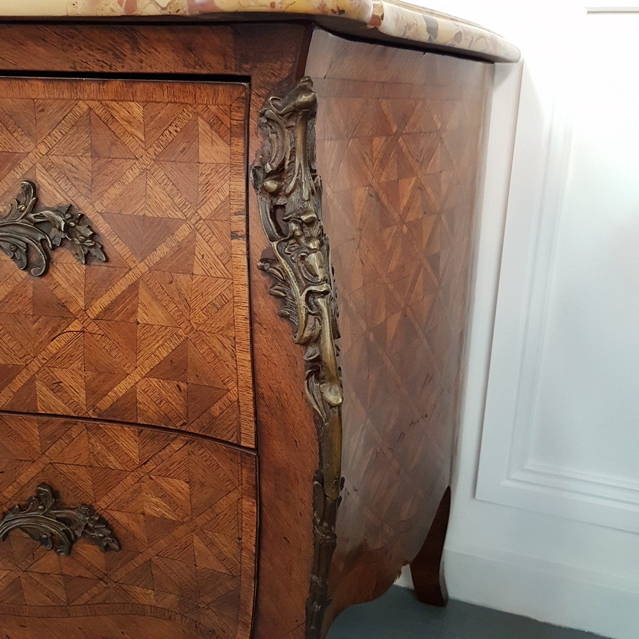 French 19th Century Parquetry Mahogany Marble Top Commode