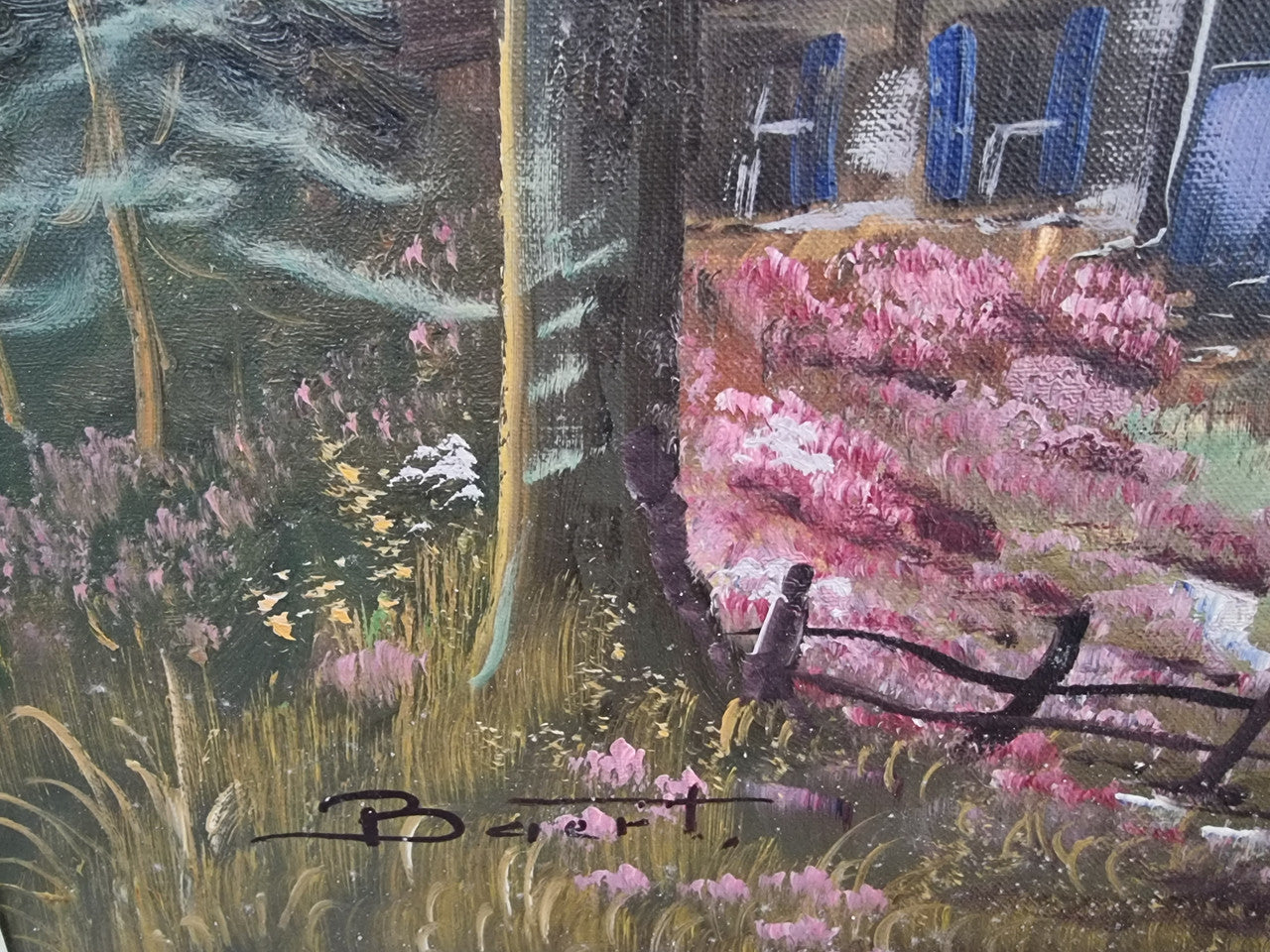 Vintage French oil painting on canvas in original gilt frame of "Forest Cottage Scene". Circa 1950's.