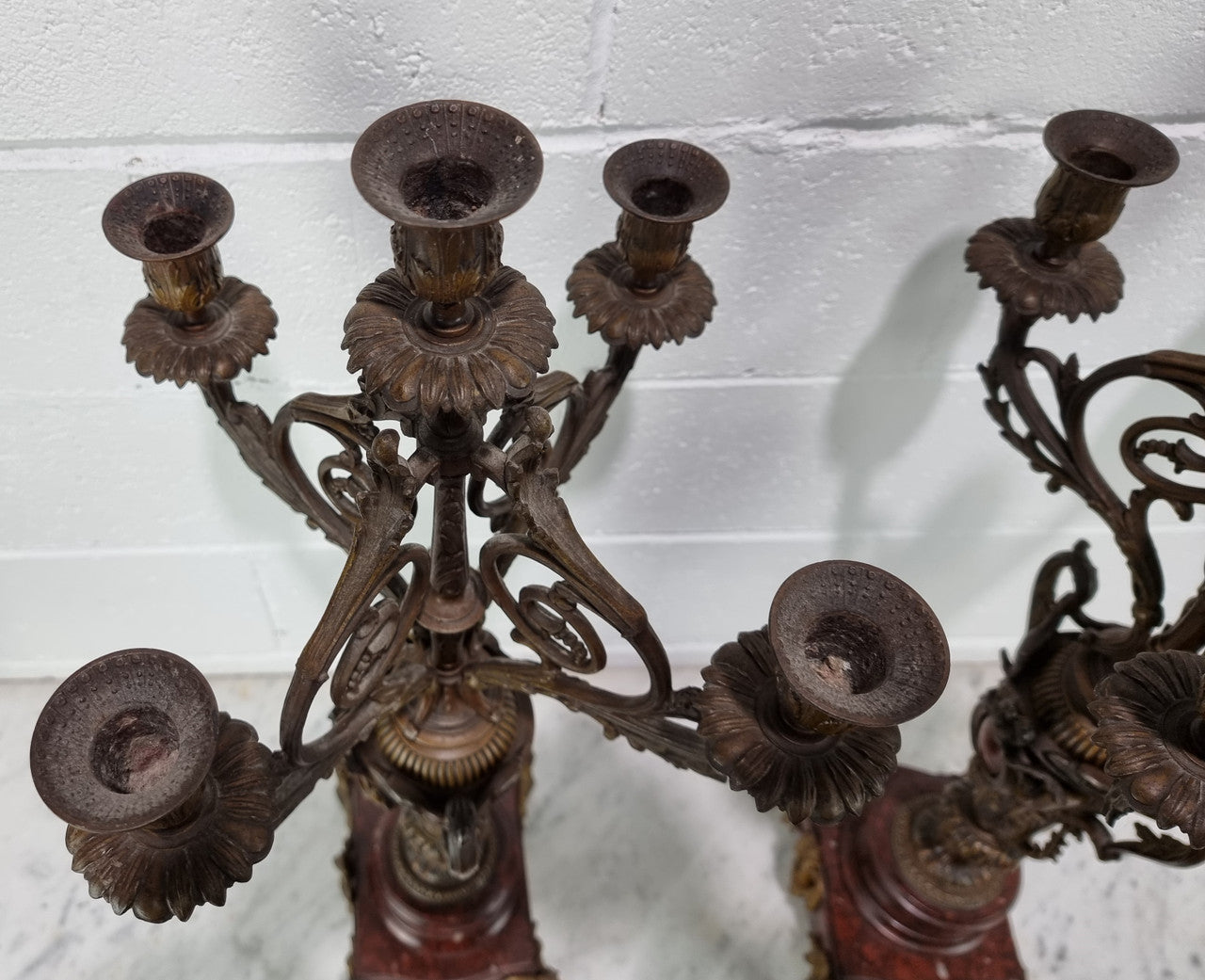 Pair of decorative Antique French spelter and marble candelabras. in very good original detailed condition.