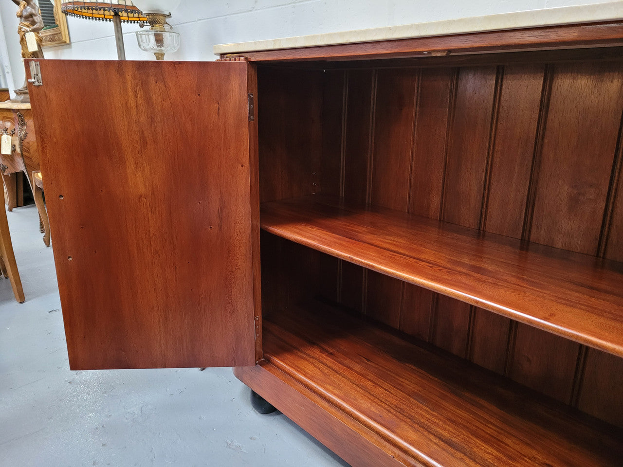 Beautiful Bespoke Art Deco style Walnut and Mahogany marble top buffet. In good original detailed condition.