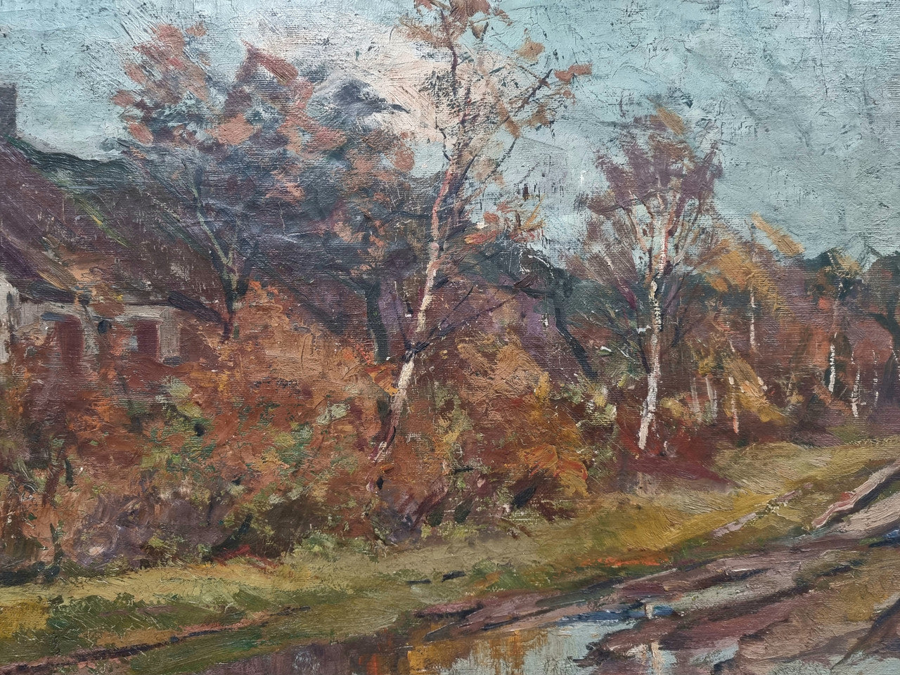 French signed country scene oil on canvas in a lovely decorative frame. In good original condition.