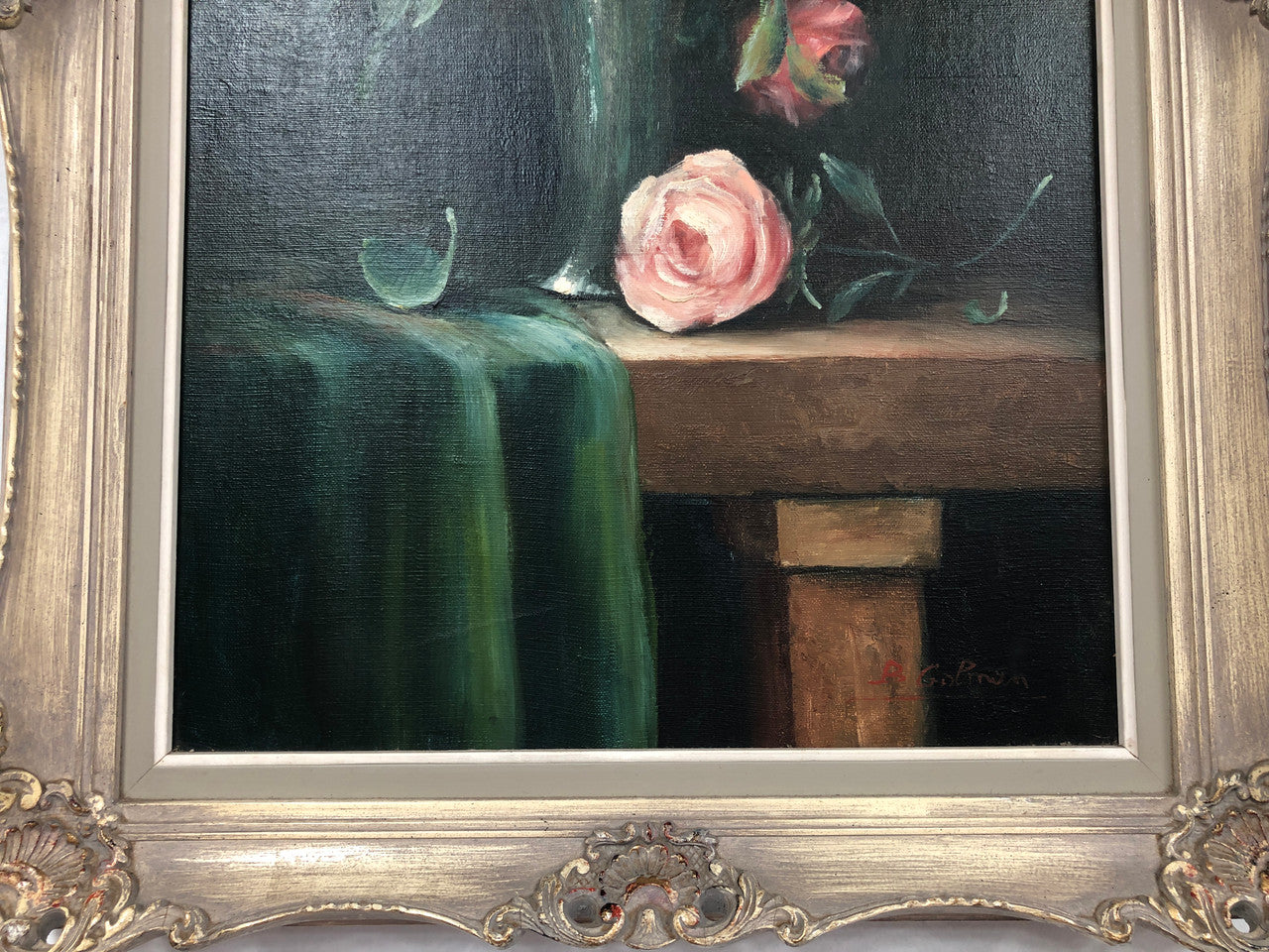 Charming oil painting of roses, signed and beautifully framed. In good original condition.