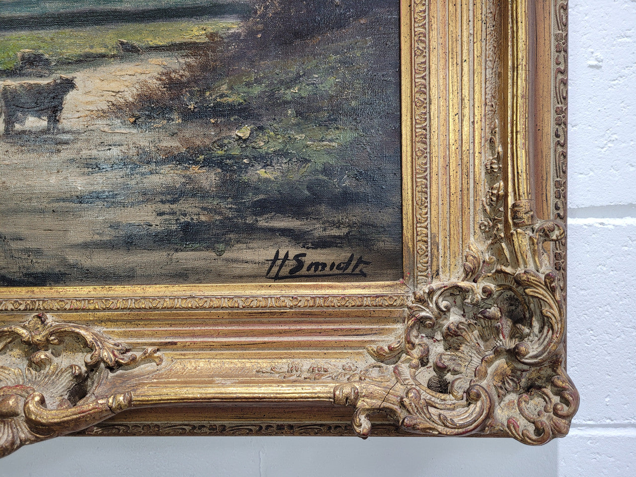 A stunning painting sourced in France signed oil on canvas of "Cows In River Landscape". Framed in a magnificent gilt frame and is in good original detailed condition.
