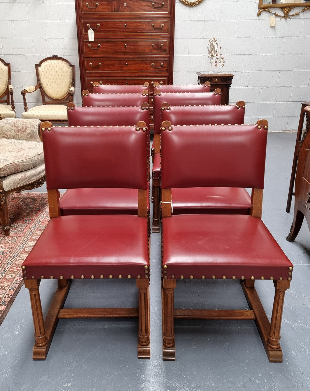Set Of Eight Oak Upholstered With Faux Leather Dinning Chairs