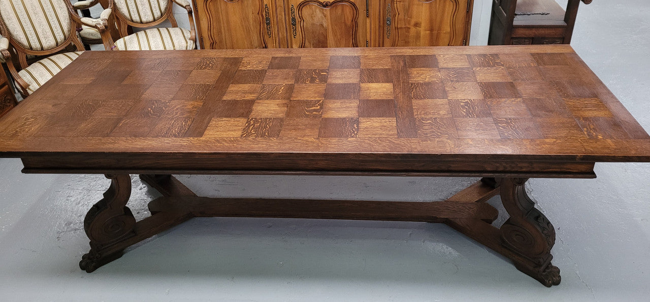 Stunning 2.55 meter French Spanish style parquetry top Oak table. Amazing one piece top and it is in good original detailed condition.