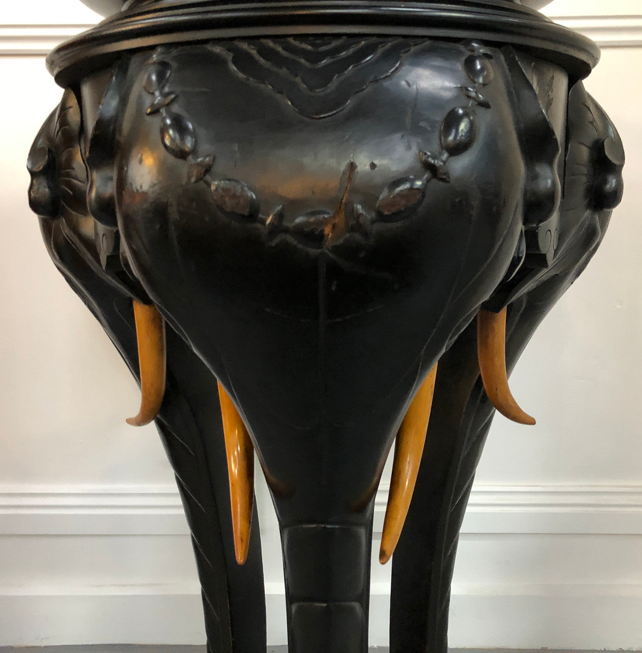 Fabulous French ebonized Elephant pedestal /plant stand with lovely carved detail and in good original detailed condition.