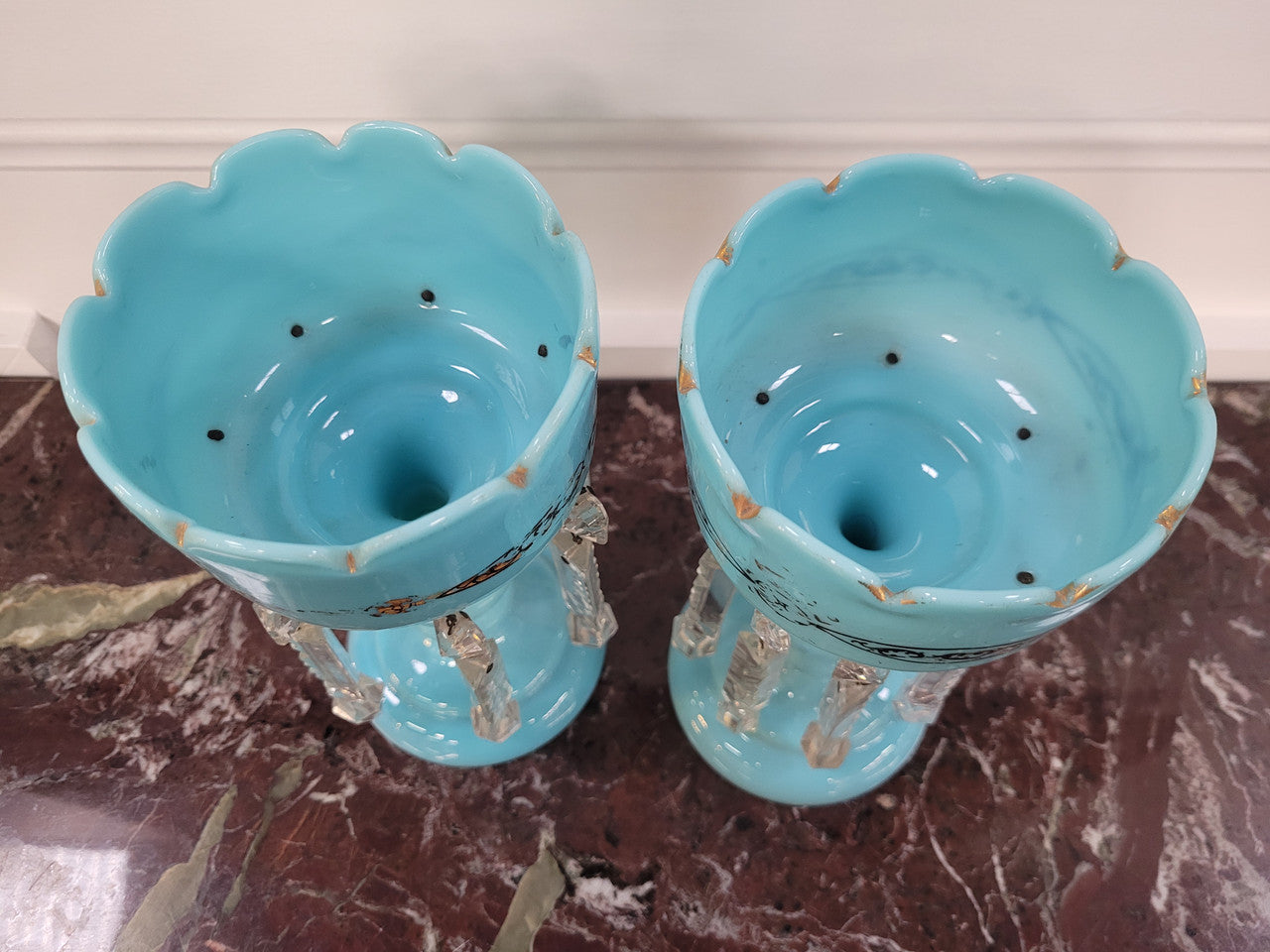 Pair of blue Opaline glass Victorian lustre vases. Please view photos as they help form part of the description.