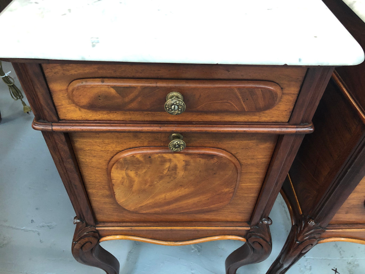 Pair Of White Marble Top Mahogany Bedside Cabinets